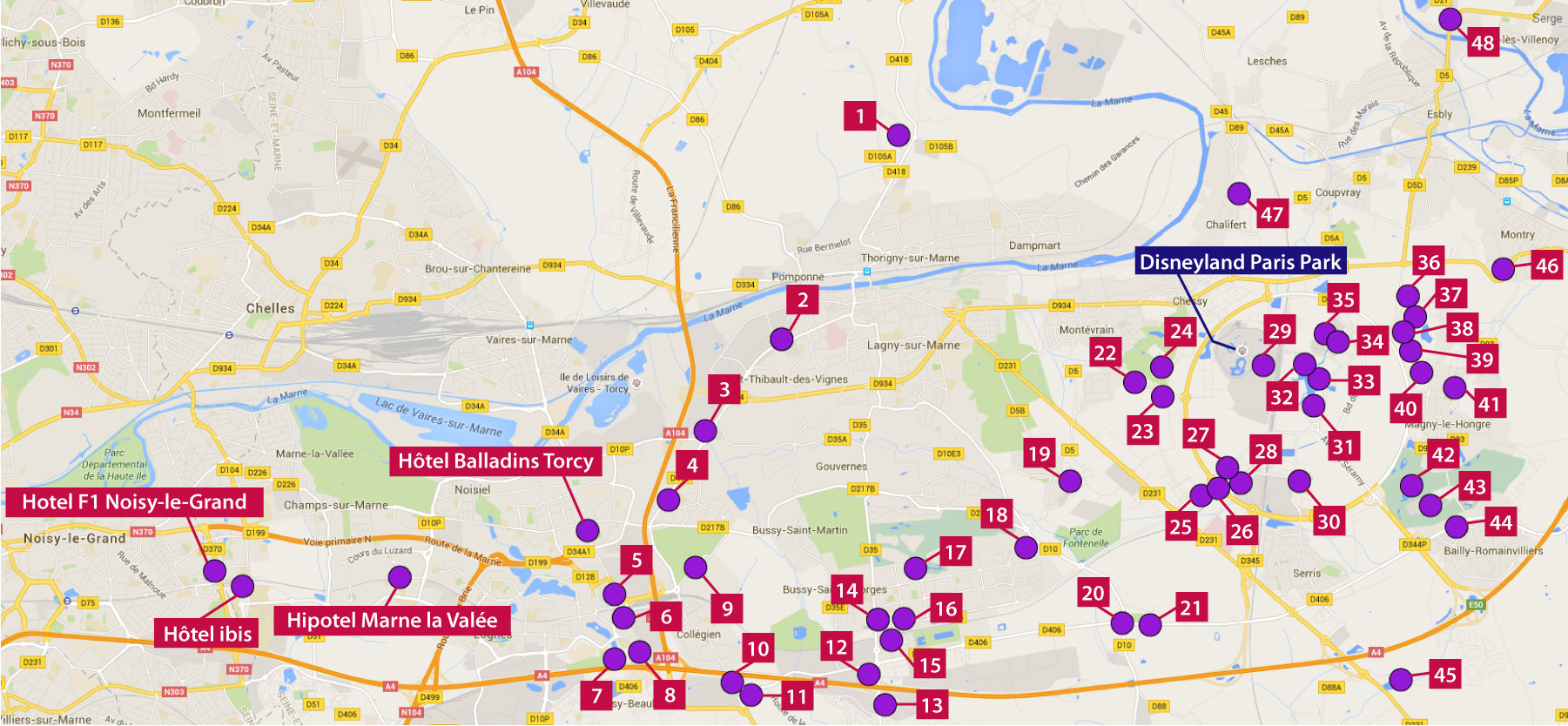 A map of Paris Disneyland hotels that we serve for one price